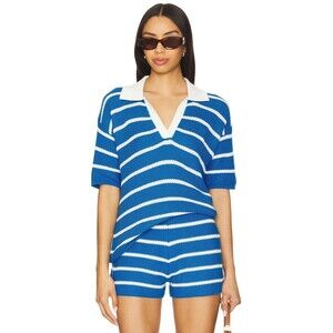 Kule Women's The Fjord Polo Knit Top Small Royal Blue/White Stripe New Preppy